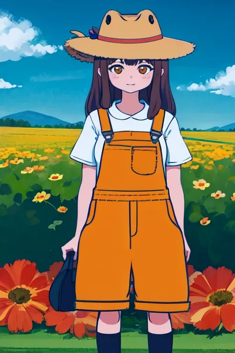 absurdres, highres, best quality,  <lora:megu-lokr (5):1> asdf123, 1girl, full body, overalls, straw hat, farm, outdoors, scenery,