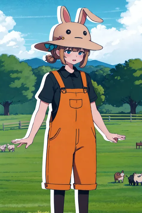 absurdres, highres, best quality,  <lora:megu-lokr (5):1> asdf123, 1girl, full body, overalls, bunny hat, farm, outdoors, scenery,