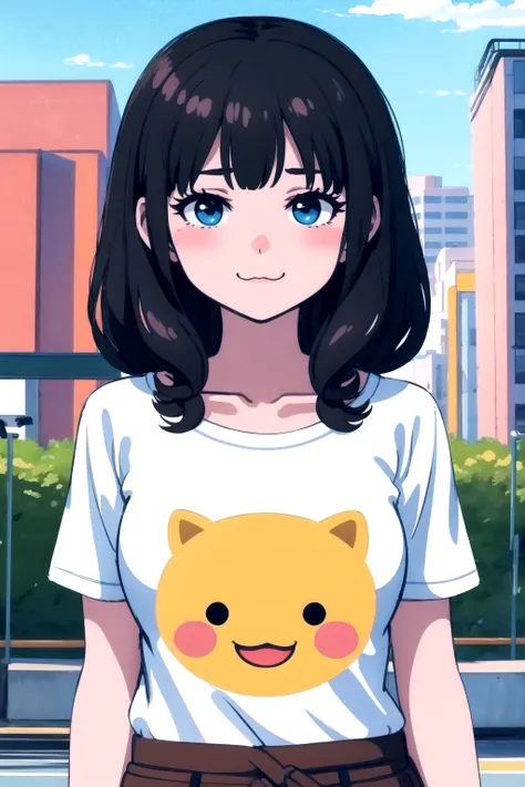 absurdres, highres, best quality,  <lora:megu-lokr (5):1> asdf123, 1girl, t-shirt, emoji print, :3, outdoors, city,