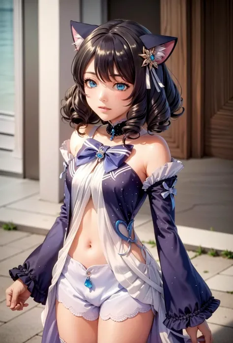 outfit-kokomi, white shorts, white thighhighs, detached sleeves, frills, bow, navel, <lora:ÐÐ´ÐµÐ¶Ð´Ð° ÐÐ¾ÑÑÑÐ¼ ÐÐ¾ÑÐ¿Ð»ÐµÐ¹ ÐÐ¾ÐºÐ¾Ð¼Ð¸ Genshin Impact (outfit-kokomi, white shorts, white thighhighs, detached sleeves, frills, bow, navel):1>,  <lora:ÐÐ¾ÑÐºÐ°-Ð´ÐµÐ²Ð¾ÑÐºÐ° Ð¸Ð· ÑÐ¾Ðº ÑÐ¾Ñ(cyan, animal ears, cat ears,tail,blue eyes,black hair,curly hair):0.7>, cyan, animal ears, cat ears,tail,blue eyes,black hair,curly hair, 1girl in full growth, best quality, masterpiece, ultra-detailed, high quality, perfect nose, highly detailed skin, warm skin tone, defiance512, RAW photo, best quality, high resolution, (masterpiece), dreamlike, dreamy, modelshoot style, analog style, tonemapping, photorealistic, professional photography, sharp focus, HDR, 8K resolution, intricate detail, sophisticated detail, hyper detailed, (depth of field), highlight and shadow, volumetric lighting, cinematic bloom, professional light, looking at viewer, blotchy,, (((nipples))), (((pussy))), (takes off clothes)