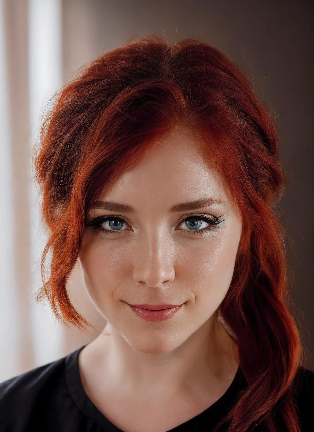 (closeup) portrait photo of sweetiefox, red hair, ponytail hair, looking at viewer, detailed eyes, (smile:0.7). bedroom background, cinematic lighting, depth of field. 4K, HDR <lora:quickfix:0.8> <lora:sweetiefoxV2:0.8>