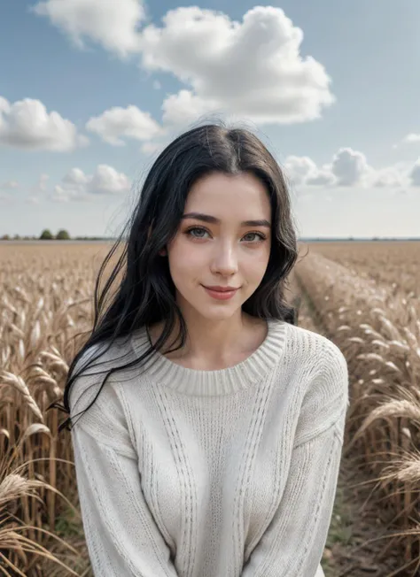 RAW Photo, DSLR, professional color graded, BREAK photograph of sw33tief0x woman, smile, wearing sweater, in wheat field, blue sky, sharp focus, HDR, 8K resolution, intricate detail, sophisticated detail, depth of field, analogue RAW DSLR, photorealistic, looking at viewer, <lora:sw33tief0x:0.55>, <lora:detailed_eye:0.8>,