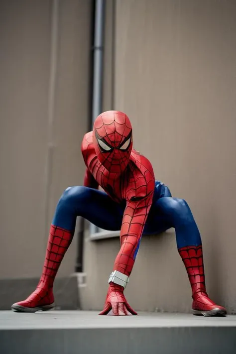masterpiece, best quality,,<lora:GoodHands-vanilla:0.8> <lora:anmnr01:0.3> <lora:add_detail:0.5> ,<lora:spidermanV1:0.7>,
overhead view,spiderman,on building,crouch,right hand up,left hand ground,
