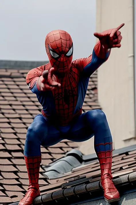 masterpiece, best quality,,<lora:GoodHands-vanilla:0.8> <lora:anmnr01:0.3> <lora:add_detail:0.5> ,<lora:spidermanV1:0.7>,1man,spiderman,on roof,crouch,pointing viewer