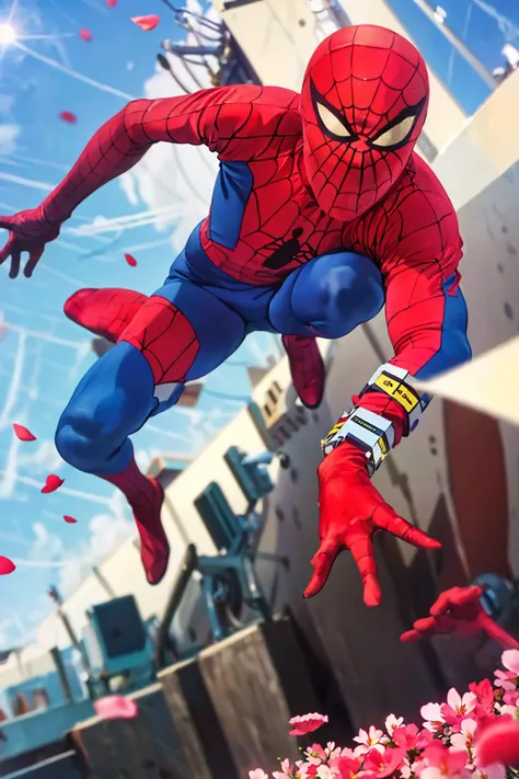 ((masterpiece)), (best quality), official art, extremely detailed CG, unity 8k wallpaper, ultra detailed, 
spiderman, <lora:spidermanV1:1>, outdoors, jumping, wind, (petal:1.5),