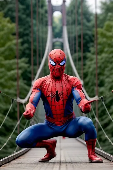 masterpiece, best quality,,<lora:GoodHands-vanilla:0.8> <lora:anmnr01:0.3> <lora:add_detail:0.5> ,<lora:spidermanV1:0.7>,spiderman,suspension bridge,,crouch,right hand up,left hand ground,