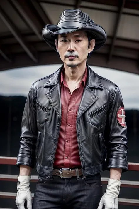 masterpiece, best quality,,<lora:GoodHands-vanilla:0.8> <lora:anmnr01:0.3> <lora:add_detail:0.5>,1man,40yo japanese,(peace sign in front of face),black very short hair,((black ten gallon hat,black leather jacket),(red shirts),jeans,(white leather driving gloves),,cliff top),cowboy shot