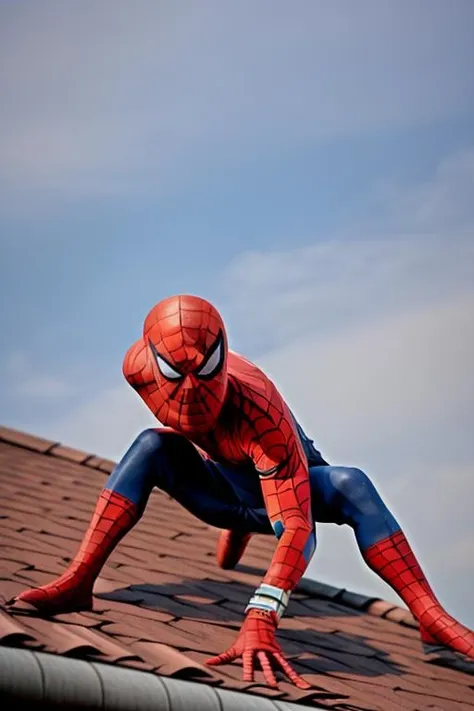 masterpiece, best quality,,<lora:GoodHands-vanilla:0.8> <lora:anmnr01:0.3> <lora:add_detail:0.5> <lora:spidermanV1:0.7>,spiderman,crouch,right hand up,left hand ground,on roof