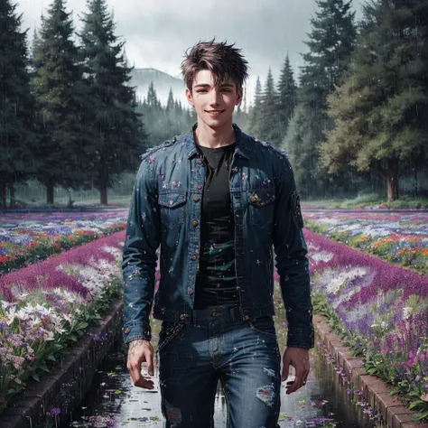best quality, fantasy flower field, baggy pants, gauges, portrait, perfect tetradic colors, masterpiece, by Subterfugitive, autumn starscape, rainy days, noir photography upper body shot of a dreamily smiling athletic young man, jeans, ultra detailed feathers, ArtStation, intricate details, hdr, kitchen, capturing every detail of this serene and immersive landscape, <lora:flashlightphoto_v1.5a:0.7>