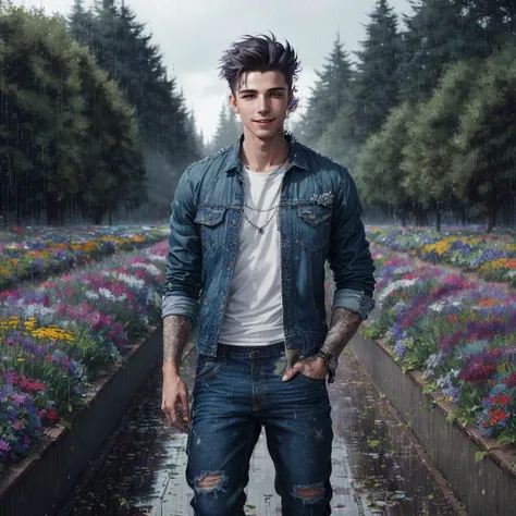 best quality, fantasy flower field, baggy pants, gauges, portrait, perfect tetradic colors, masterpiece, by Subterfugitive, summer starscape, rainy days, noir photography upper body shot of a dreamily smiling athletic young man, jeans, ultra detailed feathers, ArtStation, intricate details, hdr, kitchen, capturing every detail of this serene and immersive landscape, <lora:flashlightphoto_v1.5a:0.7>
