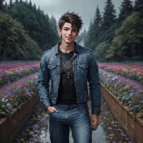 best quality, fantasy flower field, baggy pants, gauges, portrait, perfect tetradic colors, masterpiece, by Subterfugitive, spring starscape, rainy days, noir photography upper body shot of a dreamily smiling athletic young man, jeans, ultra detailed feathers, ArtStation, intricate details, hdr, kitchen, capturing every detail of this serene and immersive landscape, <lora:flashlightphoto_v1.5a:0.7>