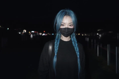 1girl, jinxlol, <lora:JinxLol:1>, black mask on face, <lora:LowRA:0.6>, night city, crowd of people, in the middle of nowhere, looking at viewer, flashlight lighting, <lora:flashlightphoto_v1.5a:0.5>, <lora:Astia2:0.5>, realistic, detailed, textured, skin, hair, eyes, by Alex Huguet, Mike Hill, Ian Spriggs, JaeCheol Park, Marek Denko