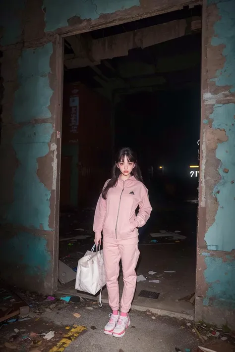 a girlie standing inside a dark abandoned factory, (at night:1.4), photorealistic portrait, film emulation, bangs, pink eyeshadow, tracksuit, (masterpiece), (detailed), (intricate details), (realistic, photo-realistic:1.37), perfect anatomy, vignetting, DOF, candid, zone focusing, <lora:k-seutao:0.8>, flashlight, <lora:flashlightphoto_v1.5a:1>, (ulzzang-6500:0.8)