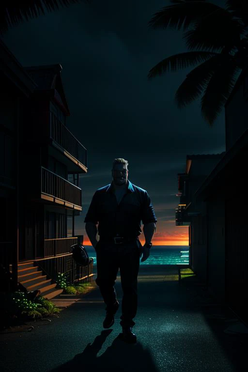 best quality, <lora:flashlightphoto_v1.5a:0.7>, noir coloration, smile, Minimalism Art, hard edge lighting, ((island sanctuary)), walking, rutkowski, <lora:epi_noiseoffset2:0.5>, Behind him is a big man spirit, (beautiful detailed eyes)