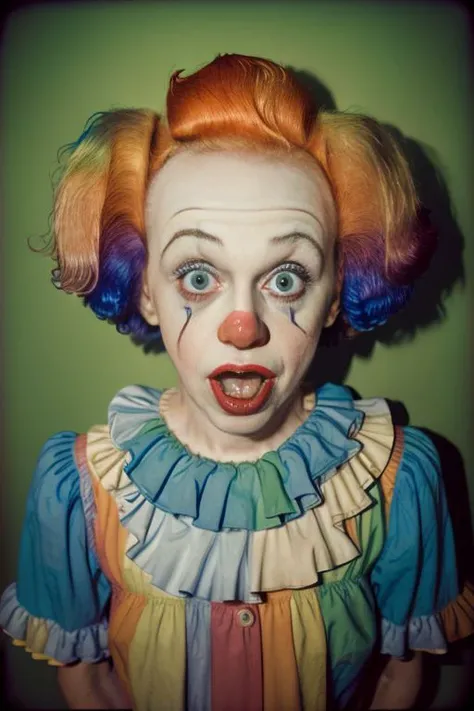 Mugshot of a female Clown, Fujifilm Fujichrome Provia 100F film , flashlight <lora:flashlight_v10:0.7>