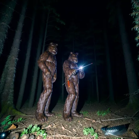flashlight, night time, dark, dense forest, scary bigfoot holding a pocket knife, sasquatch, full body shot, film grain, Fujifilm X-H3, far away, nightmare, brown fur, <lora:flashlight_v10:1>