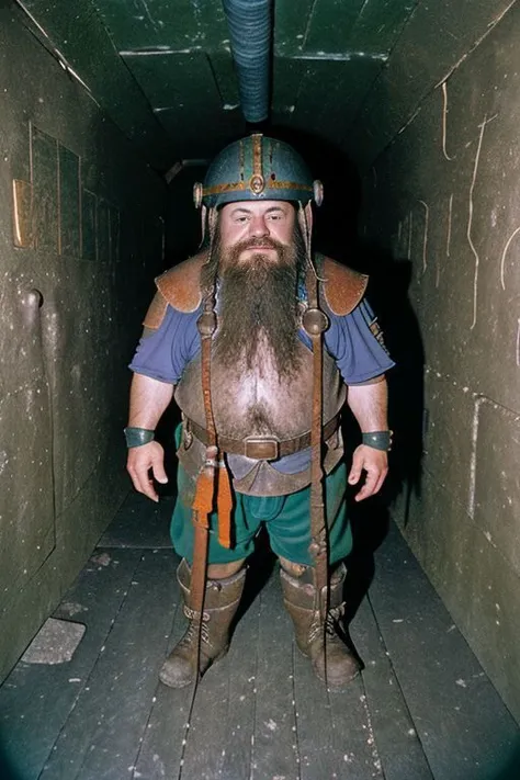 candid RAW portrait photo of an dwarf in a dungeon, helmet, Fujifilm Fujichrome Provia 100F film , flashlight <lora:flashlight_v10:0.7>