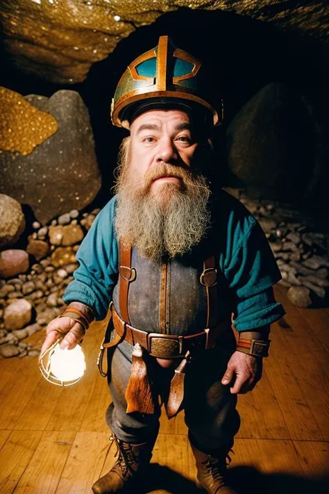 candid RAW portrait photo of an dwarf in a treasure cove, helmet, Fujifilm Fujichrome Provia 100F film , flashlight <lora:flashlight_v10:0.7>