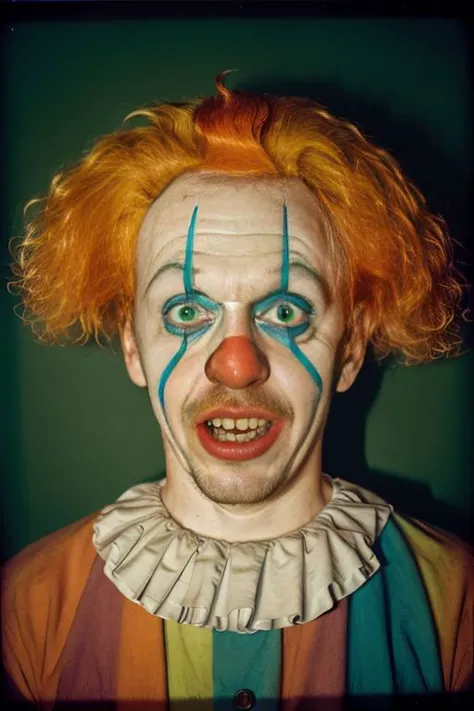 Mugshot of a Clown, Fujifilm Fujichrome Provia 100F film , flashlight <lora:flashlight_v10:0.7>