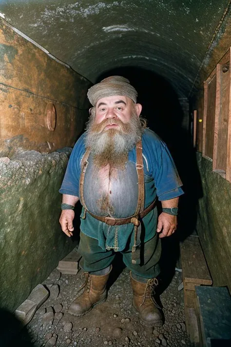 candid RAW portrait photo of an dwarf in a mine, Fujifilm Fujichrome Provia 100F film , flashlight <lora:flashlight_v10:0.7>