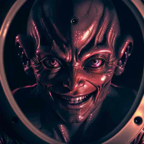 an alien in a spaceship , ((close up, face, scary, horror, demonic, evil, highly detailed, best quality, masterpiece)), raw, 8k uhd, smiling, flashlight, <lora:flashlightphoto_v1.5a:1> <lora:epi_noiseoffset2:1> <lora:bodhor:1>