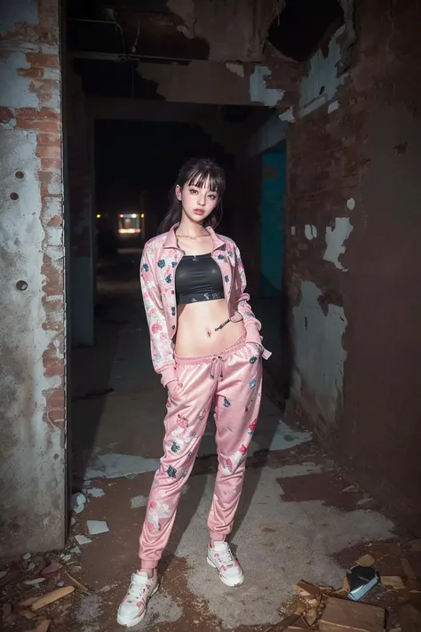 a girlie standing inside a dark abandoned building, (at night:1.4), photorealistic portrait, film emulation, bangs, pink eyeshadow, tracksuit, stomach (masterpiece), (detailed), (intricate details), (realistic, photo-realistic:1.37), perfect anatomy, low contrast, humidity, <lora:k-seutao:0.8>, flashlight, <lora:flashlightphoto_v1.5a:1>, (ulzzang-6500:0.7)