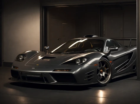 f1lm sports car in a garage, open doors, photorealistic, highly detailed, 8k, global illumination, volumetric lighting, shadows