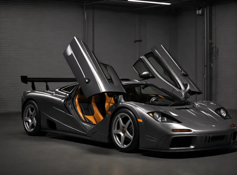 f1lm sports car in a garage, suicide doors, photorealistic, highly detailed, 8k, global illumination, volumetric lighting, shadows