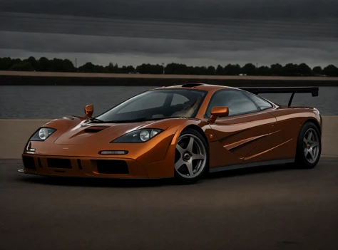 f1lm sports car parked on a pier near water, photorealistic, highly detailed, 8k, global illumination, volumetric lighting, shadows