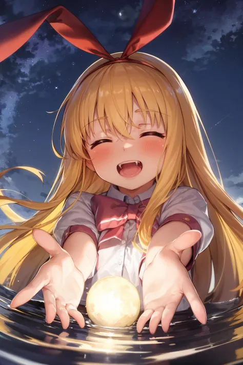 masterpiece, best quality, <lora:KoromoAmae:1>,A girl a glowing moon in her hands, solo, fang, long hair, blonde hair, water, closed eyes, animal ears, rabbit ears, blush, night, smile, open mouth, sky, happy, bow, night sky, hairband, foreshortening, star (sky), ribbon, very long hair,glowing moon