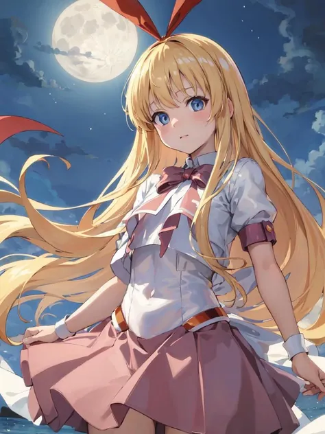 (best quality, masterpiece:1.2), ultra detailed, 1girl,  <lora:KoromoAmae:1>, amae koromo, blonde hair, long hair, blue eyes, flat chest, hair ribbon, chibi,
full moon,
pleated skirt, white shirt,
cowboy shot,