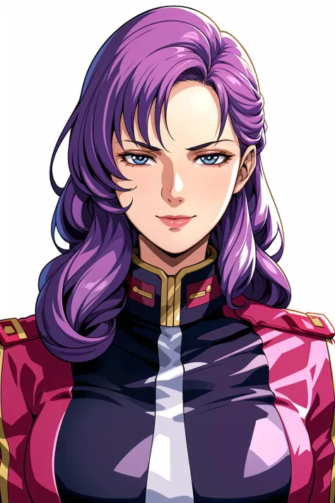 Simple Background, White Background,
red uniform,pink military uniform,
<lora:Rosamia_Badam_Z_Gundam-KK77-V1:0.7>,
purple hair ,blue eyes,lipstick, long hair,
<lora:Oda_Non_Style-KK77-V2:0.3>,<lora:more_details:0.1>,
1 girl, 20yo,Young female,Beautiful Finger,Beautiful long legs,Beautiful body,Beautiful Nose,Beautiful character design, perfect eyes, perfect face,expressive eyes,perfect balance,
looking at viewer,(Focus on her face),closed mouth, (innocent_big_eyes:1.0),Light_Smile,
official art,extremely detailed CG unity 8k wallpaper, perfect lighting,Colorful, Bright_Front_face_Lighting,White skin,
(masterpiece:1.0),(best_quality:1.0), ultra high res,4K,ultra-detailed,
photography, 8K, HDR, highres, absurdres:1.2, Kodak portra 400, film grain, blurry background, bokeh:1.2, lens flare, (vibrant_color:1.2),professional photograph,
(Beautiful,large_Breasts:1.4), (beautiful_face:1.5),(narrow_waist),