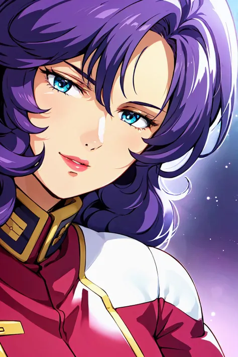 red uniform,pink military uniform,
<lora:Rosamia_Badam_Z_Gundam-KK77-V1:0.7>,
purple hair ,blue eyes,lipstick, long hair,
1 girl, 20yo,Young female,Beautiful Finger,Beautiful long legs,Beautiful body,Beautiful Nose,Beautiful character design, perfect eyes, perfect face,expressive eyes, looking at viewer, in the center of the image,(light_smile:0.5), official art,extremely detailed CG unity 8k wallpaper, perfect lighting,Colorful, Bright_Front_face_Lighting,shiny skin, (masterpiece:1.0),(best_quality:1.0), ultra high res,4K,ultra-detailed, photography, 8K, HDR, highres, absurdres:1.2, Kodak portra 400, film grain, blurry background, bokeh:1.2, lens flare, (vibrant_color:1.2) (Beautiful,large_Breasts:1.0), (beautiful_face:1.5),(narrow_waist)