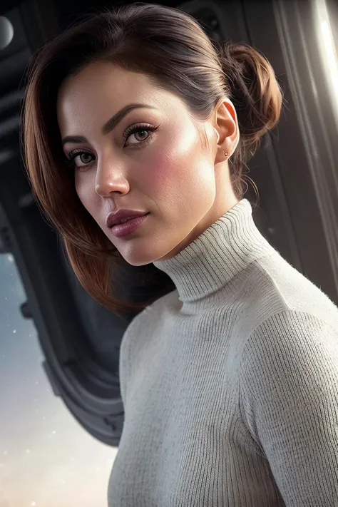 beautiful woman (EPMunMunDuTT4:.99),high ponytail , (( setting powder:1.2)) , ((portrait)), (closeup:1.2), ((from the waist up)), ((( lunar base :1.2 ))), natural skin texture,  ((  Turtleneck dress :1.2)), 24mm, 4k textures, soft cinematic light, adobe lightroom, photolab, hdr, intricate, elegant, highly detailed, sharp focus, ((((cinematic look)))), soothing tones, insane details, intricate details, hyperdetailed, low contrast, soft cinematic light, exposure blend, hdr, faded, now, ("I've got a bad feeling about this.":1.1)