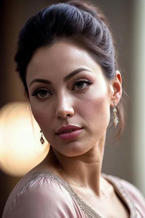 beautiful woman (EPMunMunDuTT4:.99),high ponytail , (( blush:1.2)) , ((portrait)), (closeup:1.2), ((from the waist up)), ((( infernal palace :1.2 ))), natural skin texture, (( Empire waist dress :1.2)), 24mm, 4k textures, soft cinematic light, adobe lightroom, photolab, hdr, intricate, elegant, highly detailed, sharp focus, ((((cinematic look)))), soothing tones, insane details, intricate details, hyperdetailed, low contrast, soft cinematic light, exposure blend, hdr, faded, now, ("I've got a bad feeling about this.":1.1)