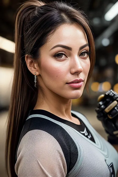 beautiful woman (EPMunMunDuTT4:.99),high ponytail , jewellery, ((portrait)), (closeup:1.2), ((from the waist up)), ((( Industrial warehouse turned into an indoor skateboarding park :1.2 ))), natural skin texture, (( Lacrosse jersey, Lacrosse shorts, lacrosse cleats, protective gloves:1.2)), 24mm, 4k textures, soft cinematic light, adobe lightroom, photolab, hdr, intricate, elegant, highly detailed, sharp focus, ((((cinematic look)))), soothing tones, insane details, intricate details, hyperdetailed, low contrast, soft cinematic light, exposure blend, hdr, faded, now, ("I've got a bad feeling about this.":1.1)