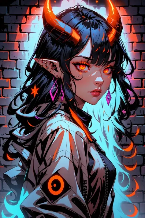 blacklightdskStyle, 1girl, solo, long hair, looking at viewer, bangs, black hair, hair between eyes, jewelry, closed mouth, jacket, upper body, multicolored hair, earrings, horns, pointy ears, from side, orange eyes, glowing, piercing, slit pupils, demon horns, ear piercing, glowing eyes, brick wall, masterpiece, official art, absurdres, 32k UHD, 4 point perspective, vantage point, <lora:blacklightstyle:0.8>
