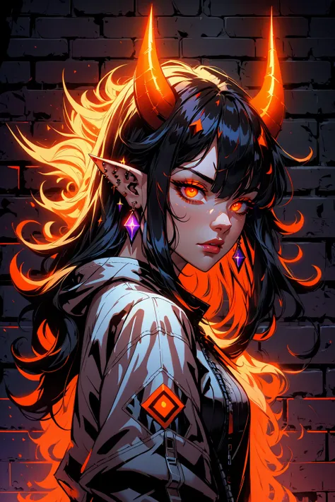 blacklightdskStyle, 1girl, solo, long hair, looking at viewer, bangs, black hair, hair between eyes, jewelry, closed mouth, jacket, upper body, multicolored hair, earrings, horns, pointy ears, from side, orange eyes, glowing, piercing, slit pupils, demon horns, ear piercing, glowing eyes, brick wall, masterpiece, official art, absurdres, 32k UHD, 4 point perspective, vantage point, <lora:blacklightstyle:0.8>