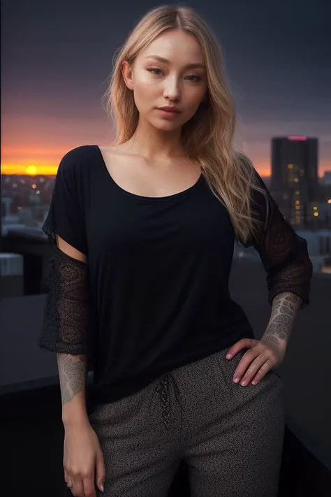 DEN_bae_SG,
((cityscape:1.2) scene posing on the (rooftops:1.2) at (sunset:1.2) wearing clothes, wearing trousers and a top, (plain top:1.2), (top:1.2), (trousers:1.2), (cityscape:1.2), (night time sunset sky:1.3), (dark:1.1), (evening:1.2), vibrant sky colours:1.2),
bokeh, f1.4, 40mm, photorealistic, raw, 8k, textured skin, skin pores, intricate details <lora:epi_noiseoffset2:1>, epiCRealism <lora:ClothingAdjuster3:-1>