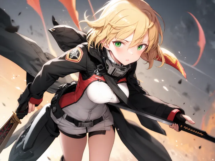 masterpiece, best quality, <lora:shi2:1>, 1girl, solo, yellow hair, green eyes, uniform, holding sword, goggle, pilot suit, jacket, short hair, dynamic pose, dynamic angle, effect, sky,
