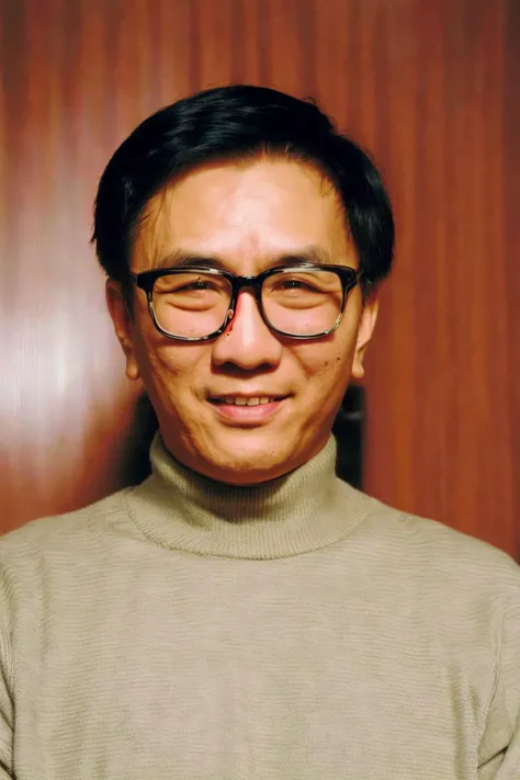 best quality, masterpiece, Asian men,mole, solo, lips, grey_background, mole_under_eye, realistic, upper_body, looking_at_viewer, black_hair, brown_eyes, sweater, forehead, nose, turtleneck, <lora:huangzhan:0.8>