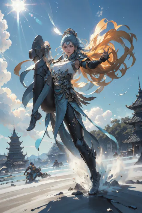 1girl punching, ban quan, zhongfenghua, cannons, (( sunny blue sky, sunlight, bright, high key, high contrast, )) (reflective , hard surface, omit details, ) , city landscape,
masterpiece, high quality, dynamic angle, dynamic pose , (photorealistic:1.5) depth of field, pov from bottom
<lora:zhongfenghuaxiyou-000018:0.3> <lora:nvwushen-000020:0.5>