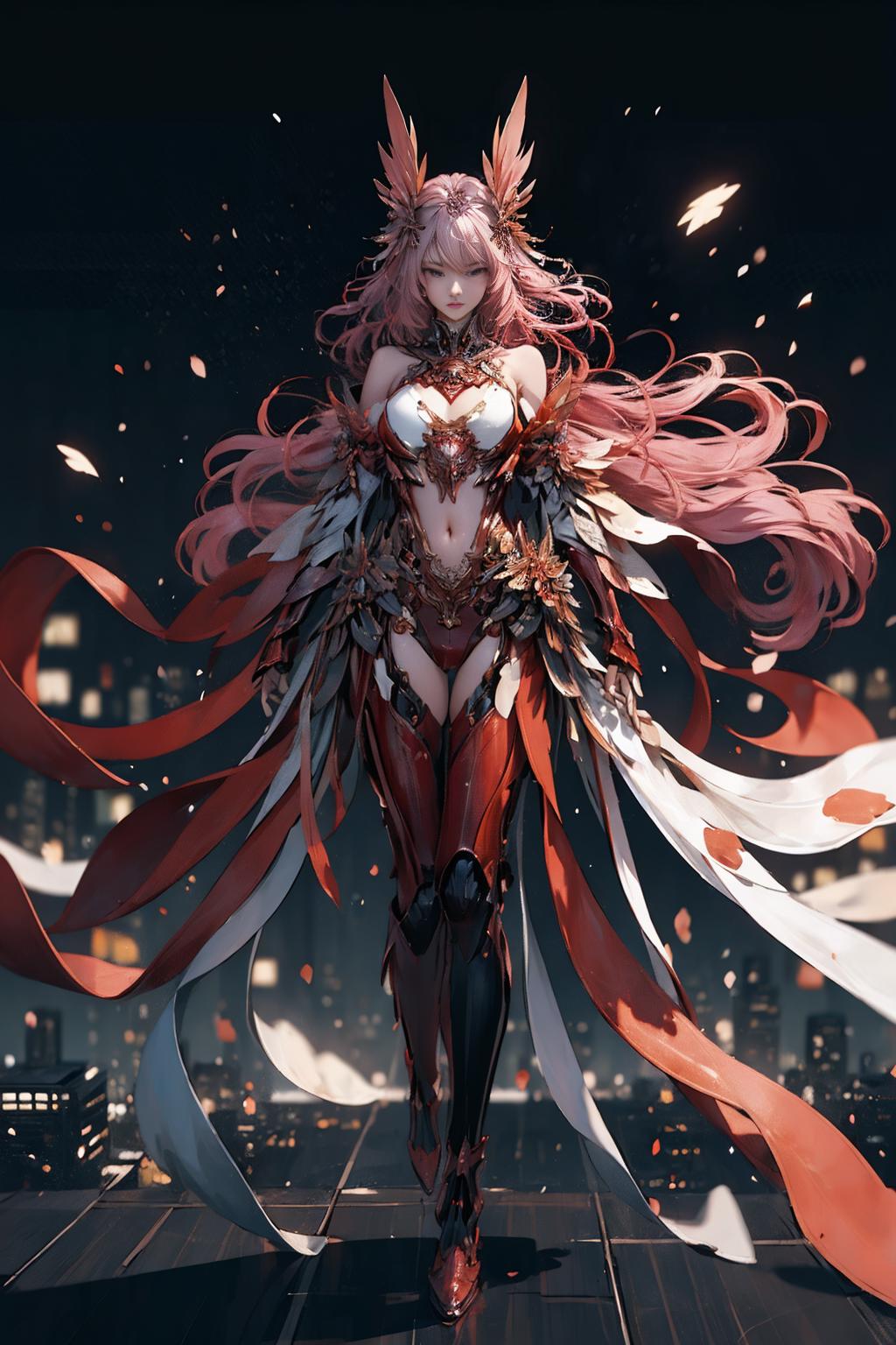 A woman in a red and white dress with long hair and wings - SeaArt AI