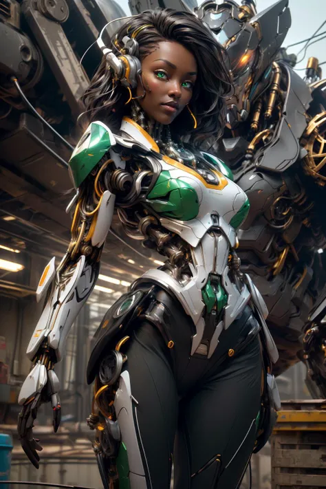 Beautiful cybernetic African American girl looking at camera in underwear detailed muscles realistic masterpiece, Pose ativa, Action Pose, luz LED, Gold Parts, franja, cabelo curto, vista traseira, costas