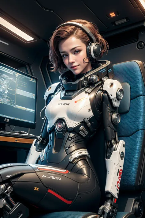 a woman sitting in a chair with a computer on it's back and a keyboard on her lap, Eve Ryder, laurie greasley, cyberpunk art, space art, mecha pilot girl, smile, 1girl, mecha, cockpit, inside robot slim body, <lora:Niji:0.6>, body suit, high-tech theme, small hip, high detail, realistic, photo quality, high quality, (photorealistic:1.4), science fiction