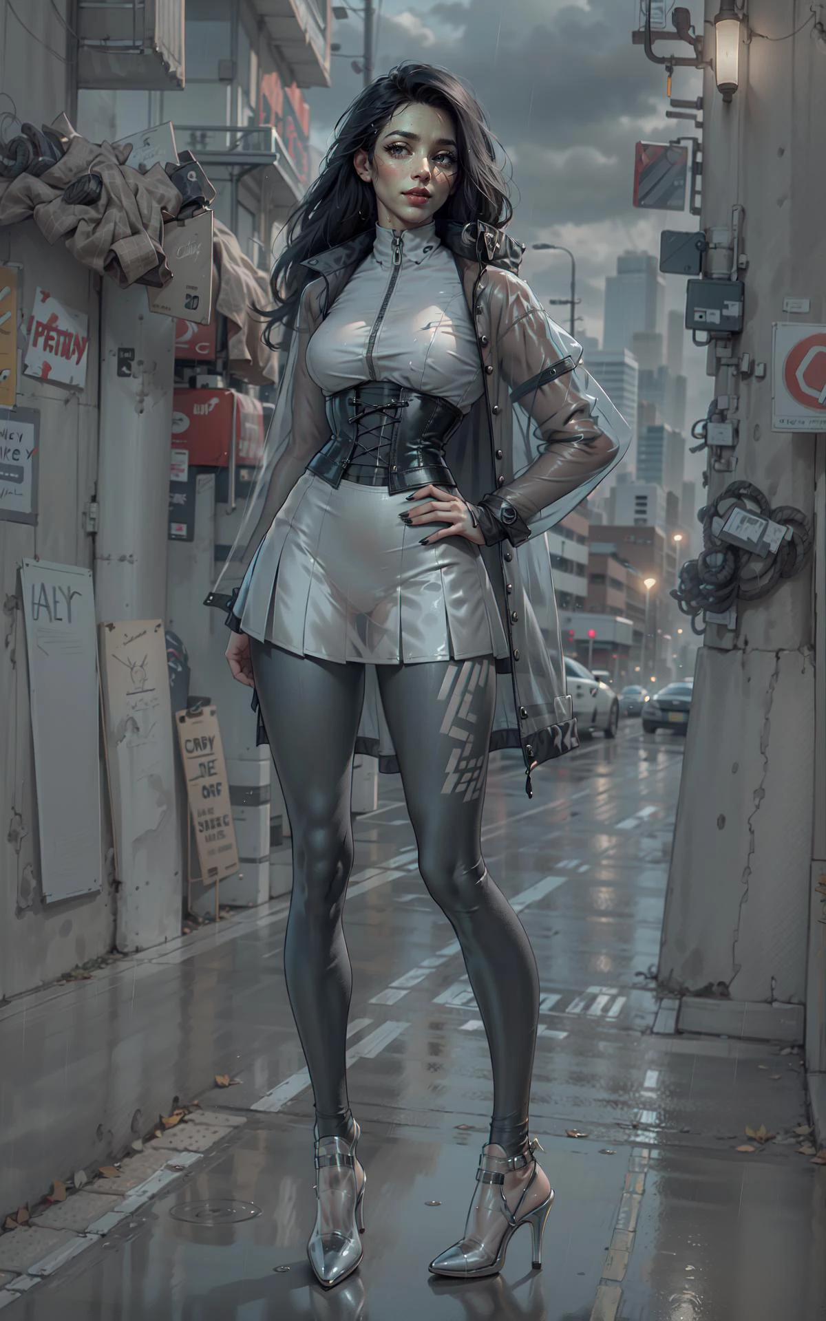 masterpiece, ultra-realistic lights and shadows, 1woman, skinny, hand on waist, ultra-realistic, wet hair, (face: dry, thin lips, beautiful, cute, clear, detailed, squint eyes, looking straight at viewer, suspicious, pale lips), (head is up, chin is up), heavy rain, heavy wind, long eyelashes, natural body proportions, skinny body, thin hips, (thin leggins), perfect body shape, perfect legs, (thin hips), perfect nails, perfect hands, high detailed, 8k, ultra details, very long hair, transparent blouse, ((circle skirt, grey)), corset, (transparent jacket:short), outdoor, autumn, full body, storm, shoes, heels, transparent coat, grey transparent tights with pattern, busy background, glass, cables, street lights, realistic reflections, caustics, megalopolis, <lora:3DMM_V7:0> , <lora:nijiMecha:0.5> <lora:clothesUpdate:0.7>