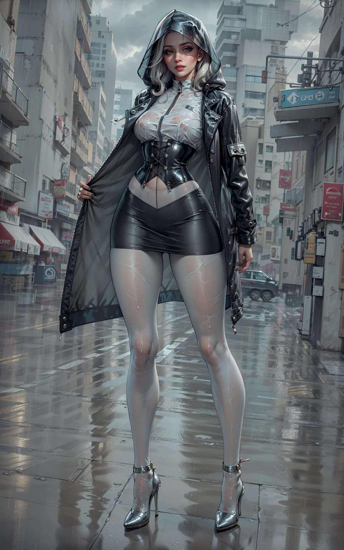 masterpiece, 1woman, skinny, ultra-realistic, wet hair, (face: dry, beautiful, cute, clear, detailed, squint eyes, looking straight at viewer, suspicious, pale lips), head is up, chin is up, long eyelashes, natural body proportions, (thin thighs), perfect body shape, perfect legs, (thin hips), perfect nails, high detailed, 8k, ultra details, long hair, transparent blouse, high heels, (skirt: extended to the knees, grey, leather, loose), corset, (transparent jacket:short), outdoor, autumn, full body, heavy rain, heavy wind, storm, transparent coat, transparent hood, grey transparent tights with pattern, busy background, megalopolis, <lora:3DMM_V7:0> , <lora:nijiMecha:0.5> <lora:clothesUpdate:0.7>