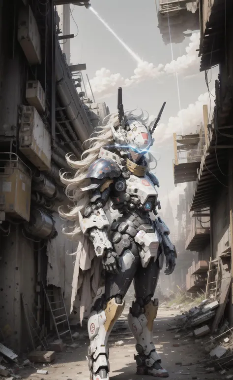 masterpiece, best quality, mecha, no humans, black armor, blue eyes, science fiction, fire, laser canon beam, war, conflict, destroyed city background, <lora:nijiMecha:1>, (Style-Petal:0.5), <lora:add_detail:0.7>, Camera from a low angle,