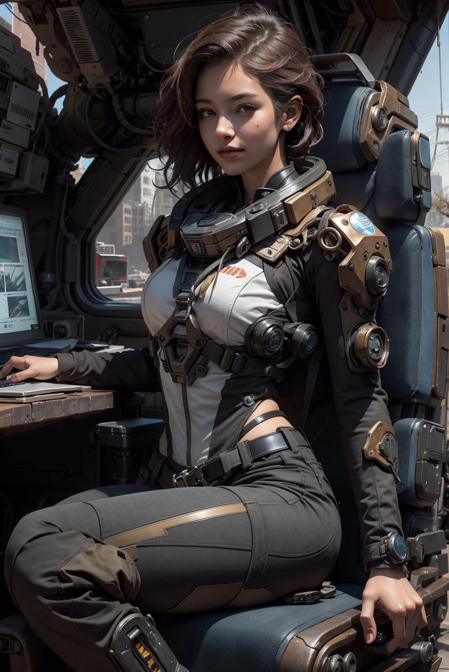 a woman sitting in a chair with a computer on it's back and a keyboard on her lap, Eve Ryder, laurie greasley, cyberpunk art, space art,
mecha pilot girl, smile, 1girl, mecha, cockpit, inside robot
slim body, <lora:Niji:0.6>, body suit,
high-tech theme, small hip,
high detail, realistic, photo quality, high quality, (photorealistic:1.4), science fiction