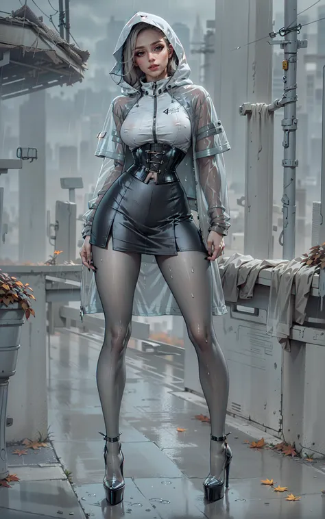masterpiece, ultra-realistic lights and shadows, 1woman, skinny, ultra-realistic, wet hair, (face: dry, beautiful, cute, clear, detailed, squint eyes, looking straight at viewer, suspicious, pale lips), (head is up, chin is up), heavy rain, heavy wind, long eyelashes, natural body proportions, (thin thighs), perfect body shape, perfect legs, (thin hips), perfect nails, high detailed, 8k, ultra details, long hair, transparent blouse, high heels, ((circle skirt, grey)), corset, (transparent jacket:short), outdoor, autumn, full body, storm, transparent coat with hood off, grey transparent tights with pattern, busy background, megalopolis, <lora:3DMM_V7:0> , <lora:nijiMecha:0.5> <lora:clothesUpdate:0.7>